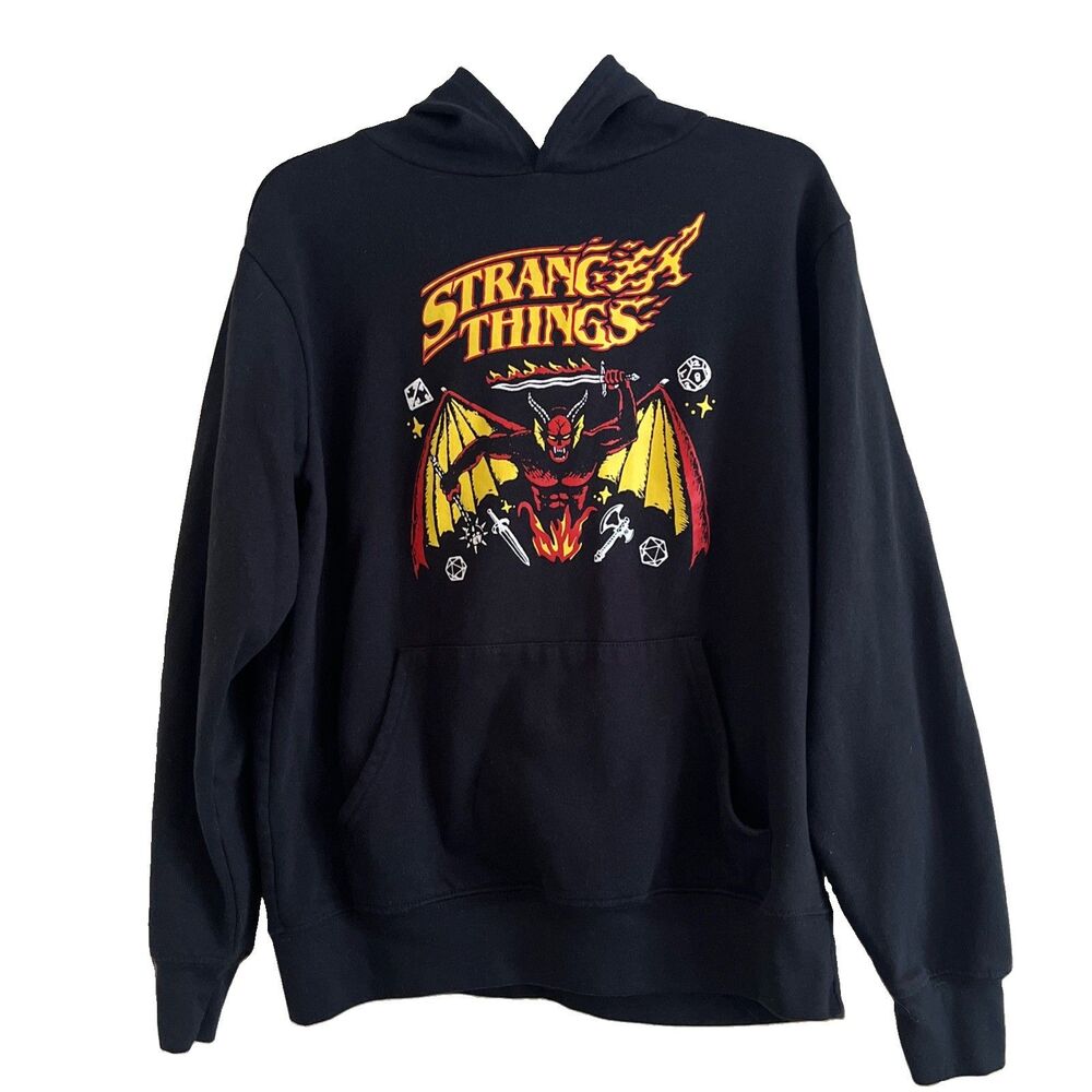 Stranger Things Unisex M Black Hellfire Club D&D Graphic Print Hoodie Pocket LS